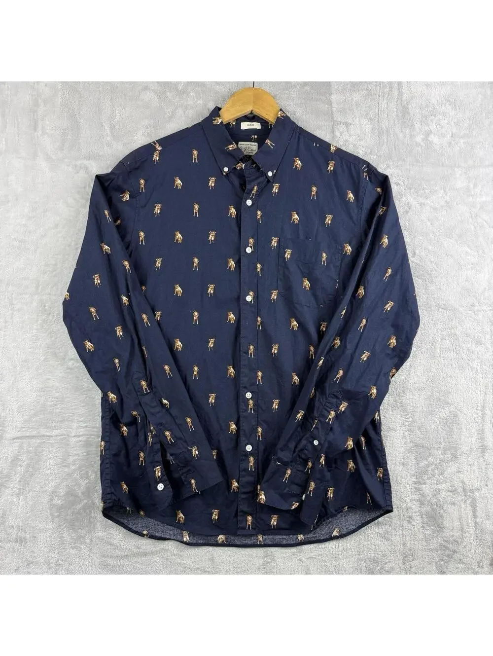 J.Crew Secret Wash Shirt Men Medium Navy Dog Print Button Front Stretch Slim Fit